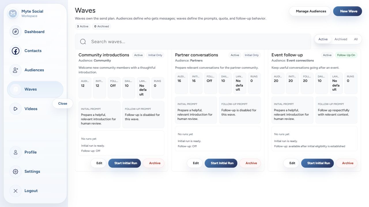 Myte Social Waves screen showing sample audiences, introduction plans, quotas and follow-up settings.