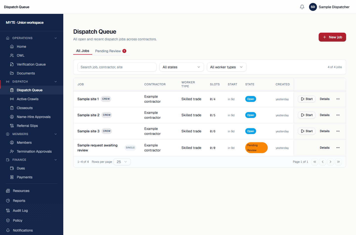 Union dispatch queue with fictional job requests and distinct review and dispatch states.